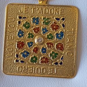 Gold Square Pendant with Multicolor Floral Design
